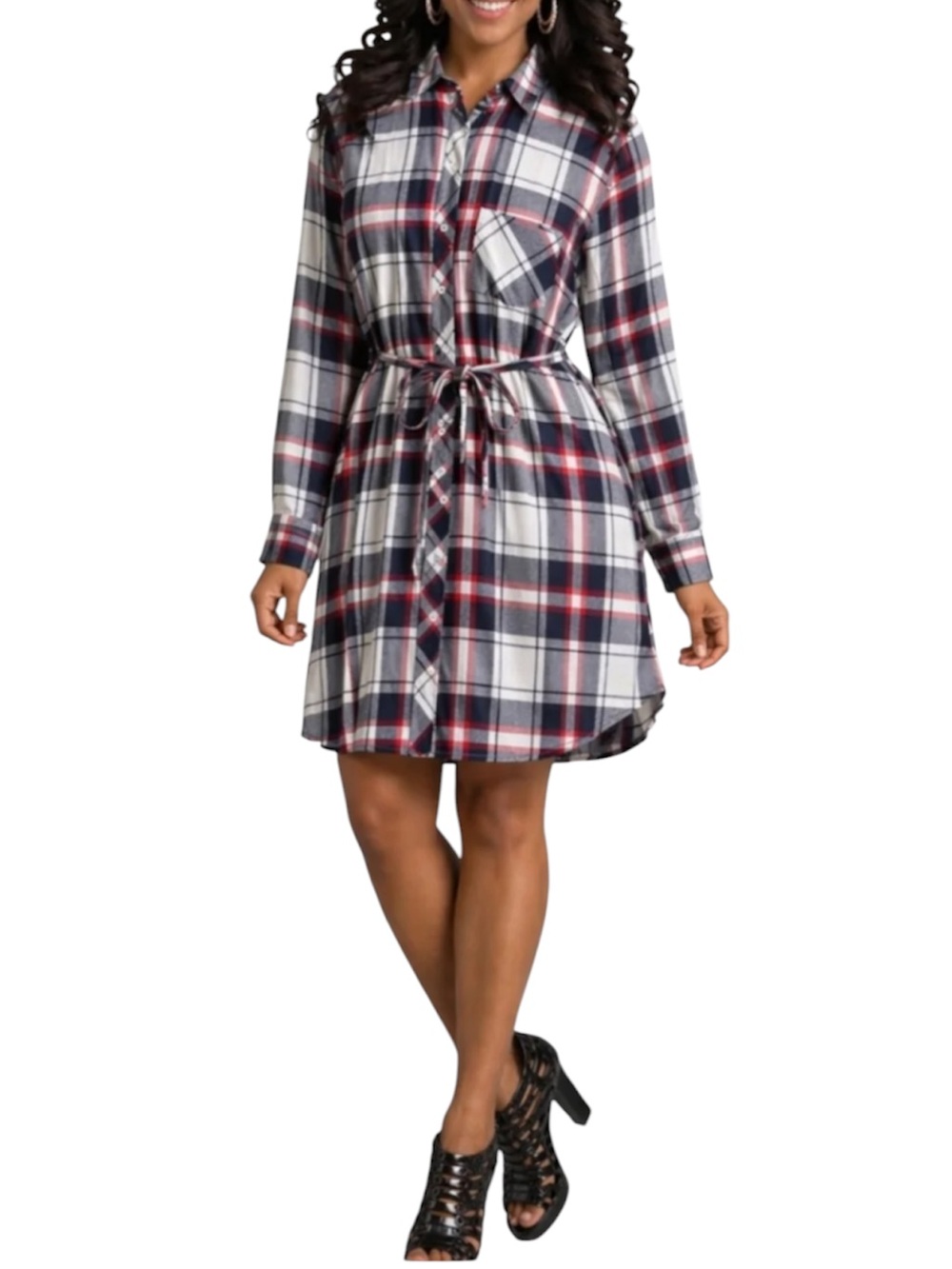 BLL nyc Plaid Shirt Dress with Tie Waist - Red, Navy & White